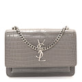 Calfskin Crocodile Embossed Monogram Sunset Chain Wallet Grey
