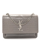 Calfskin Crocodile Embossed Monogram Sunset Chain Wallet Grey