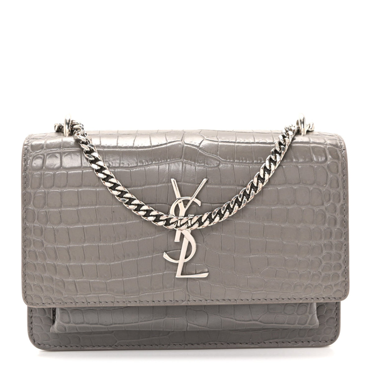 Calfskin Crocodile Embossed Monogram Sunset Chain Wallet Grey