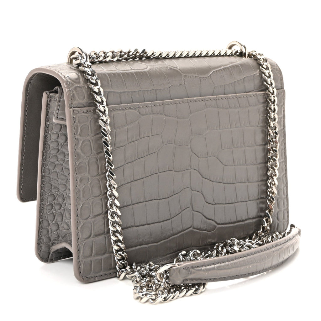 Calfskin Crocodile Embossed Monogram Sunset Chain Wallet Grey