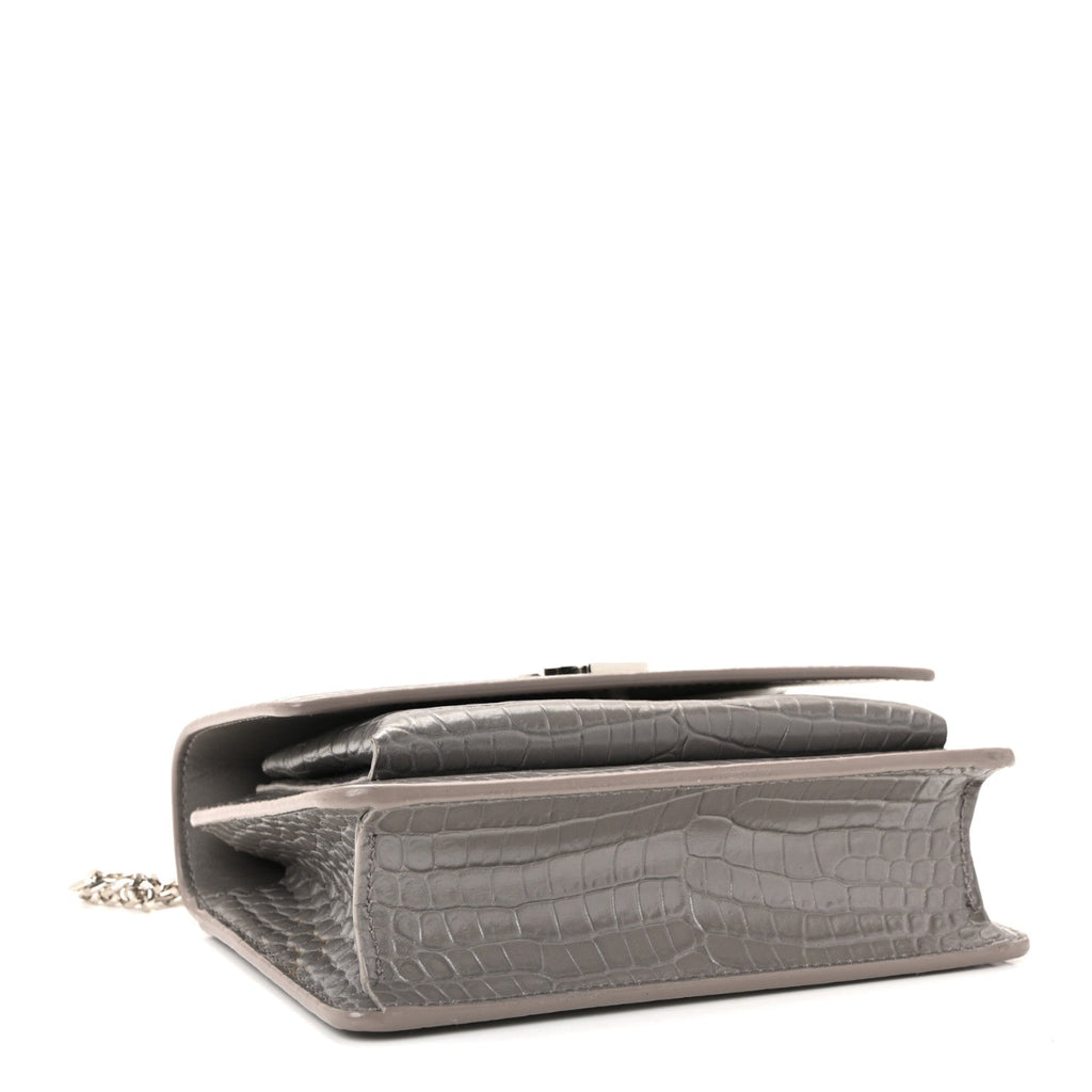 Calfskin Crocodile Embossed Monogram Sunset Chain Wallet Grey