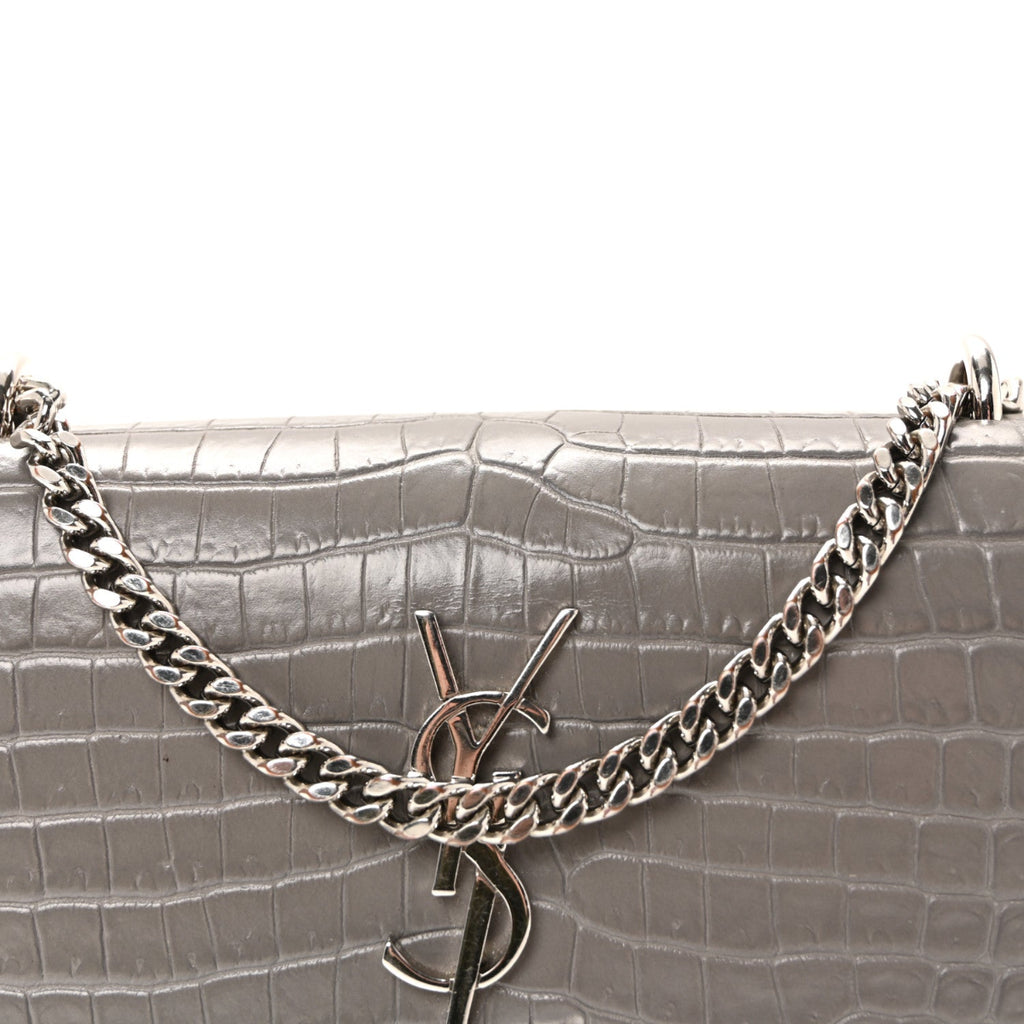 Calfskin Crocodile Embossed Monogram Sunset Chain Wallet Grey