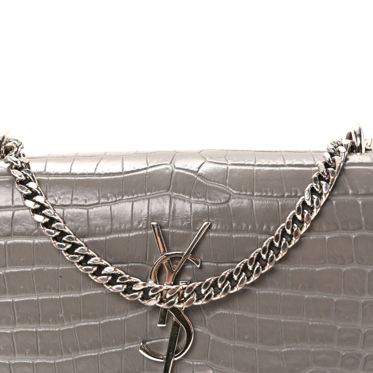 Calfskin Crocodile Embossed Monogram Sunset Chain Wallet Grey