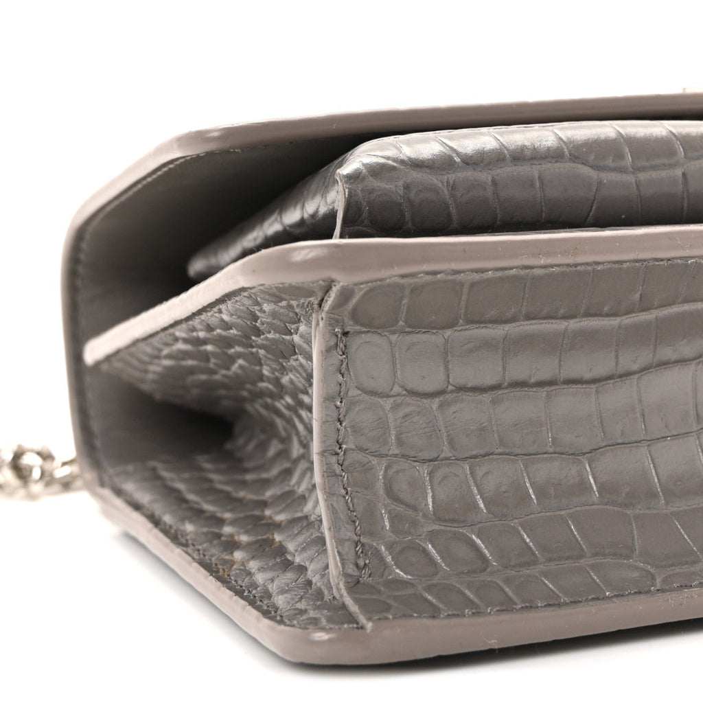 Calfskin Crocodile Embossed Monogram Sunset Chain Wallet Grey