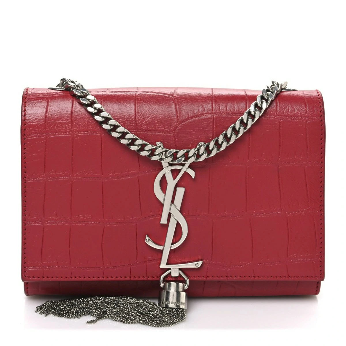 Calfskin Crocodile Embossed Small Classic Monogram Kate Tassel Satchel Red