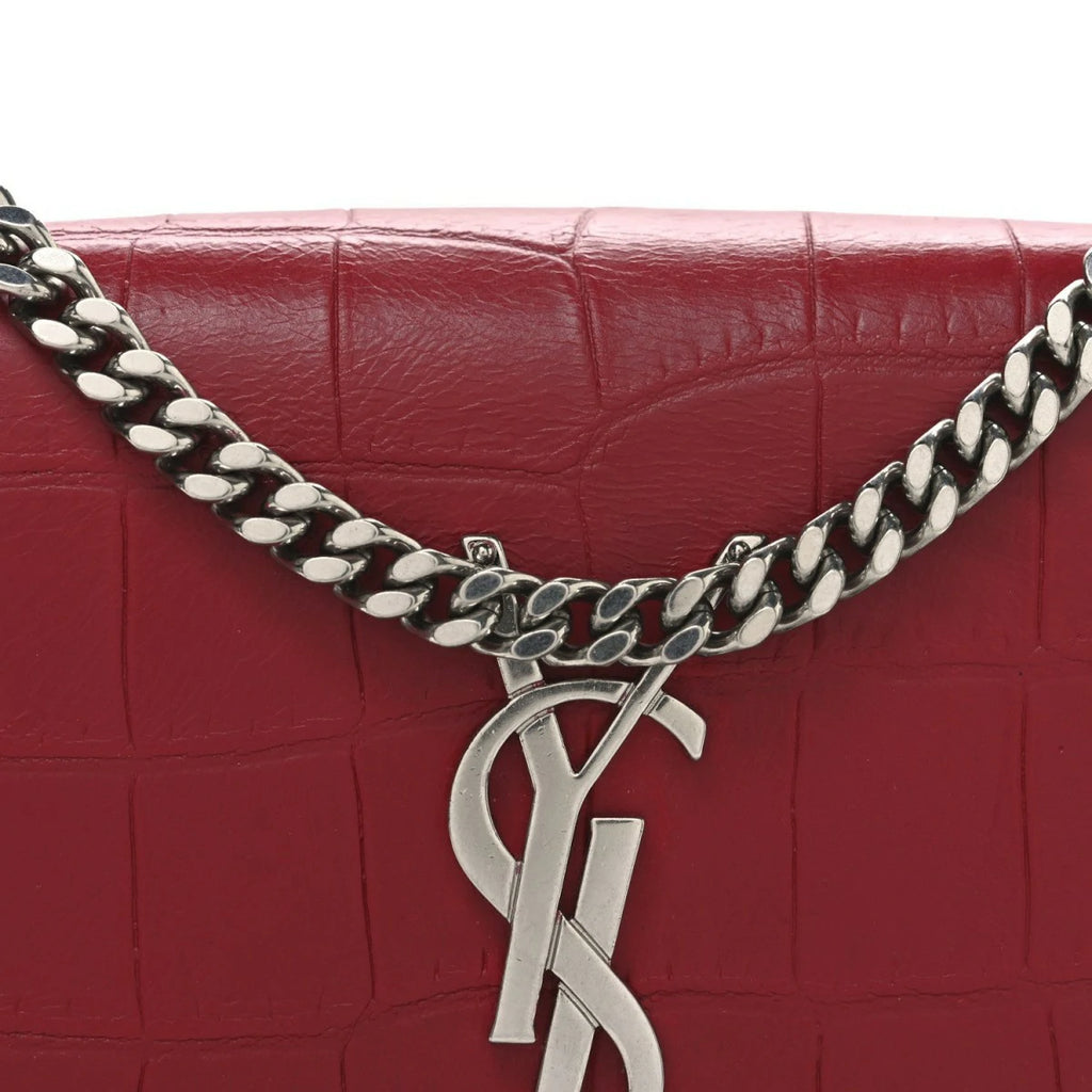 Calfskin Crocodile Embossed Small Classic Monogram Kate Tassel Satchel Red