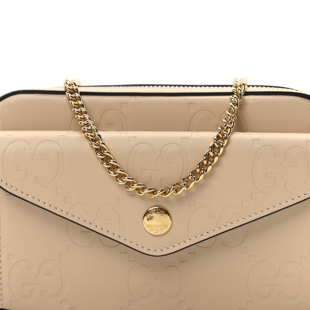 Calfskin GG Super Mini Debossed Chain Wallet Light Beige