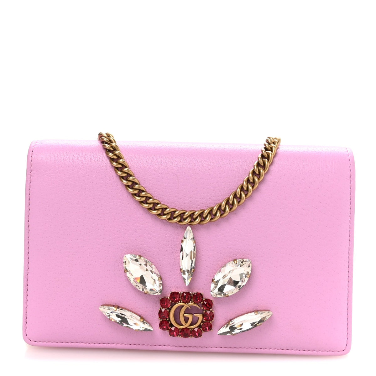 Calfskin Marquise Crystals Mini GG Chain Wallet Malva