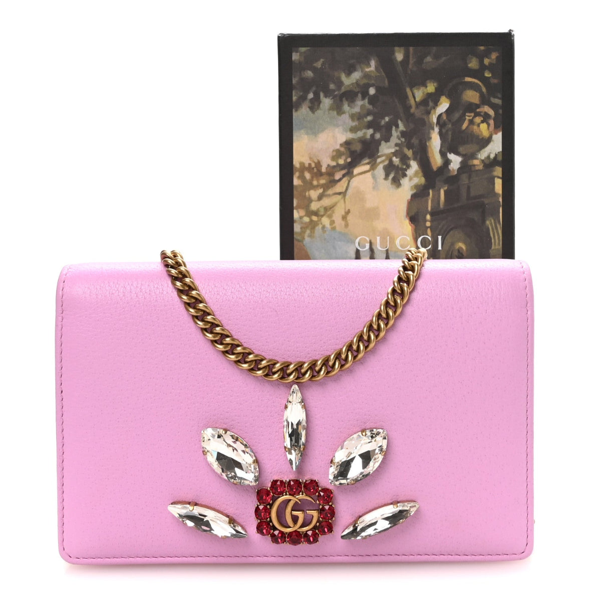 Calfskin Marquise Crystals Mini GG Chain Wallet Malva