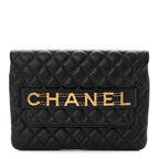 Calfskin Quilted Front Logo Enchained Clutch Black