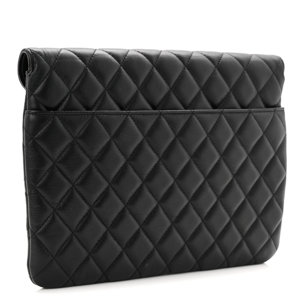 Calfskin Quilted Front Logo Enchained Clutch Black