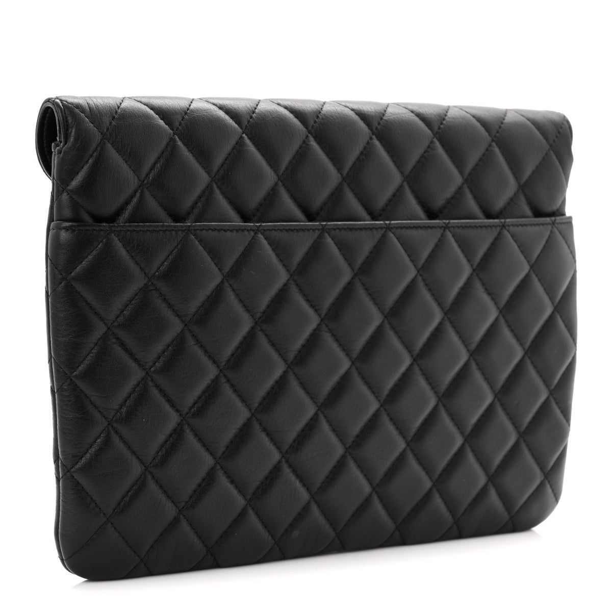 Calfskin Quilted Front Logo Enchained Clutch Black