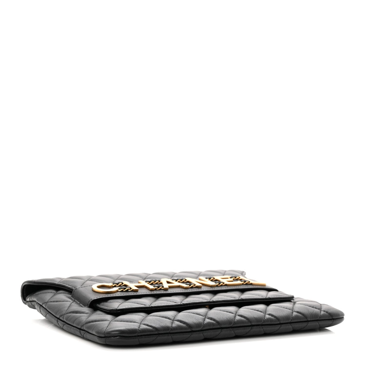 Calfskin Quilted Front Logo Enchained Clutch Black