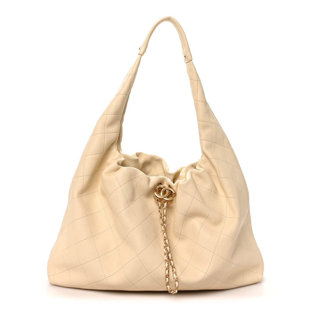 Calfskin Quilted Maxi Hobo Beige
