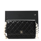 Calfskin Quilted Maxi Pearl Wallet On Chain WOC Black