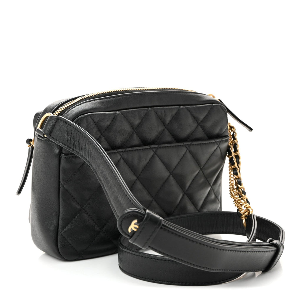 Calfskin Quilted Small Camera Case Black