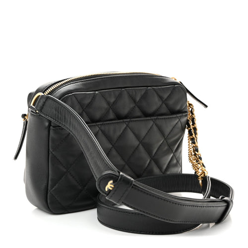 Calfskin Quilted Small Camera Case Black