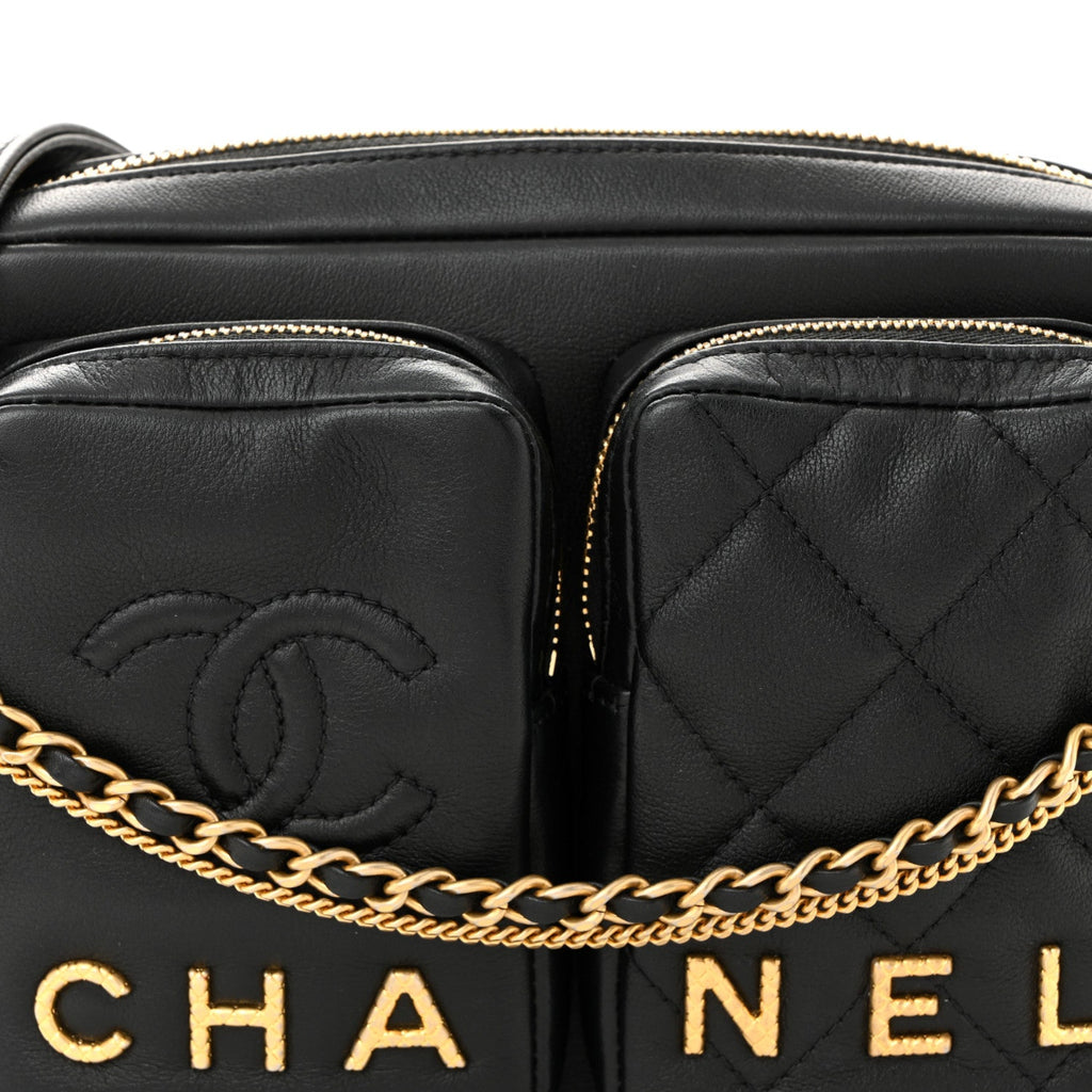 Calfskin Quilted Small Camera Case Black
