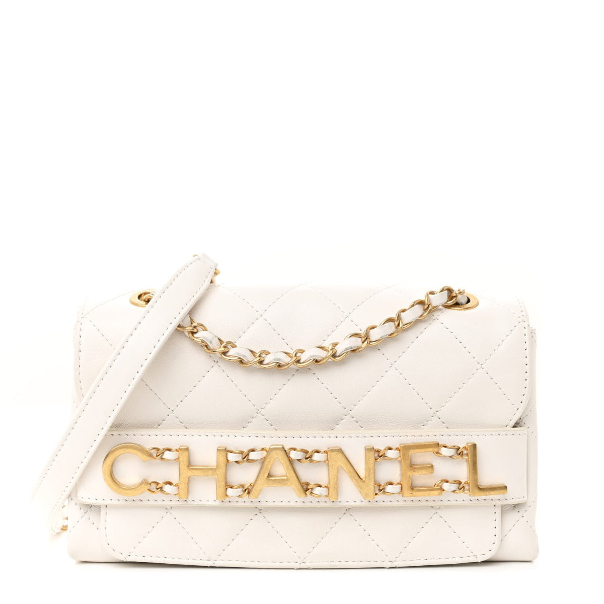 Calfskin Quilted Small Enchained Flap White