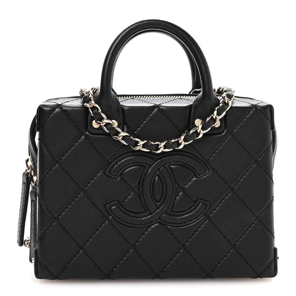 Calfskin Quilted Small Studded Square Vanity Case Black