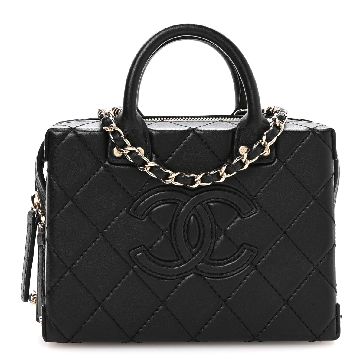 Calfskin Quilted Small Studded Square Vanity Case Black