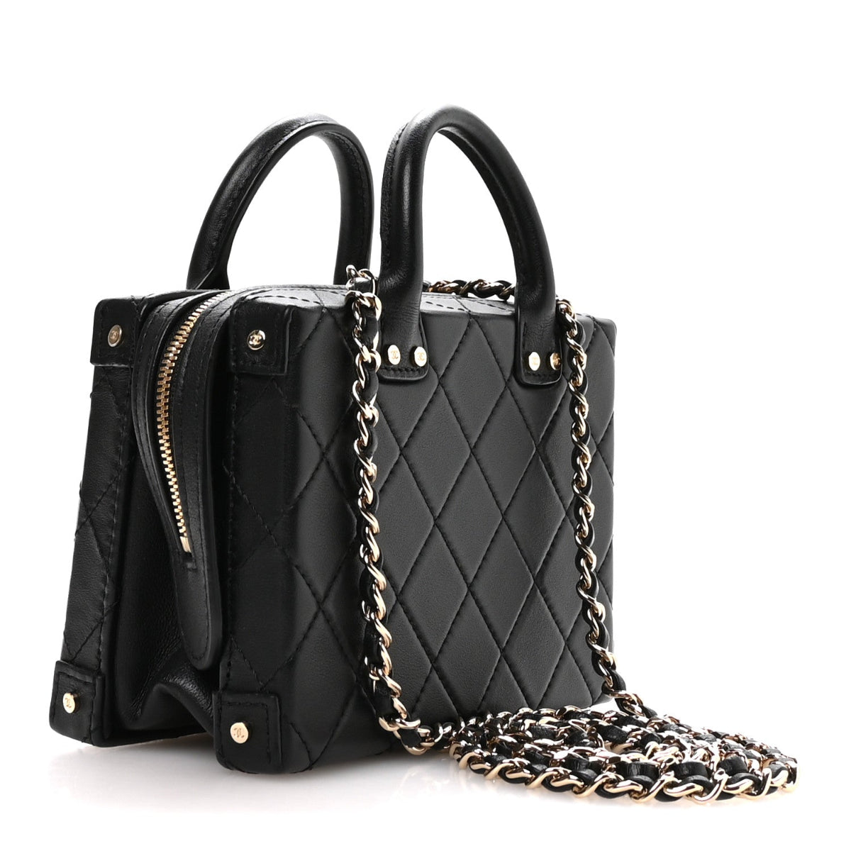 Calfskin Quilted Small Studded Square Vanity Case Black