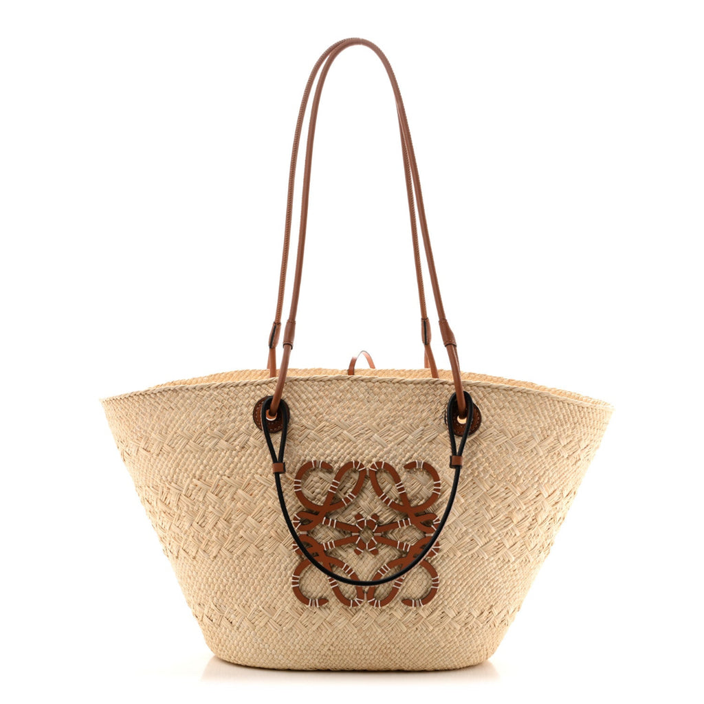Calfskin Raffia Paulas Ibiza Medium Anagram Basket Tote Bag Natural Tan