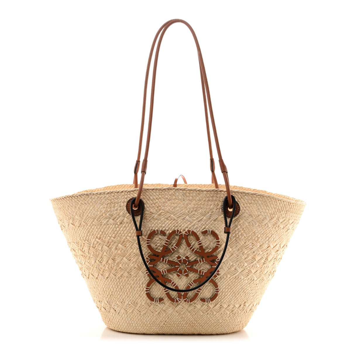 Calfskin Raffia Paulas Ibiza Medium Anagram Basket Tote Bag Natural Tan