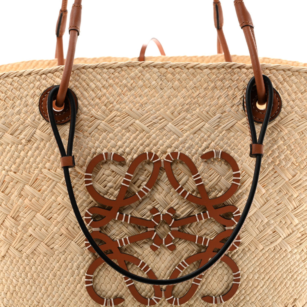 Calfskin Raffia Paulas Ibiza Medium Anagram Basket Tote Bag Natural Tan