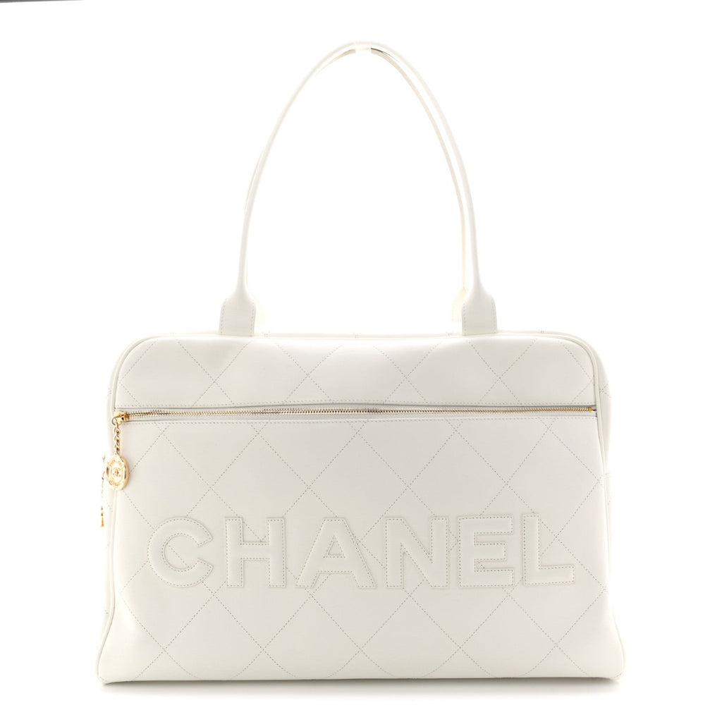 Calfskin Stitched Maxi Logo Bowling Bag White