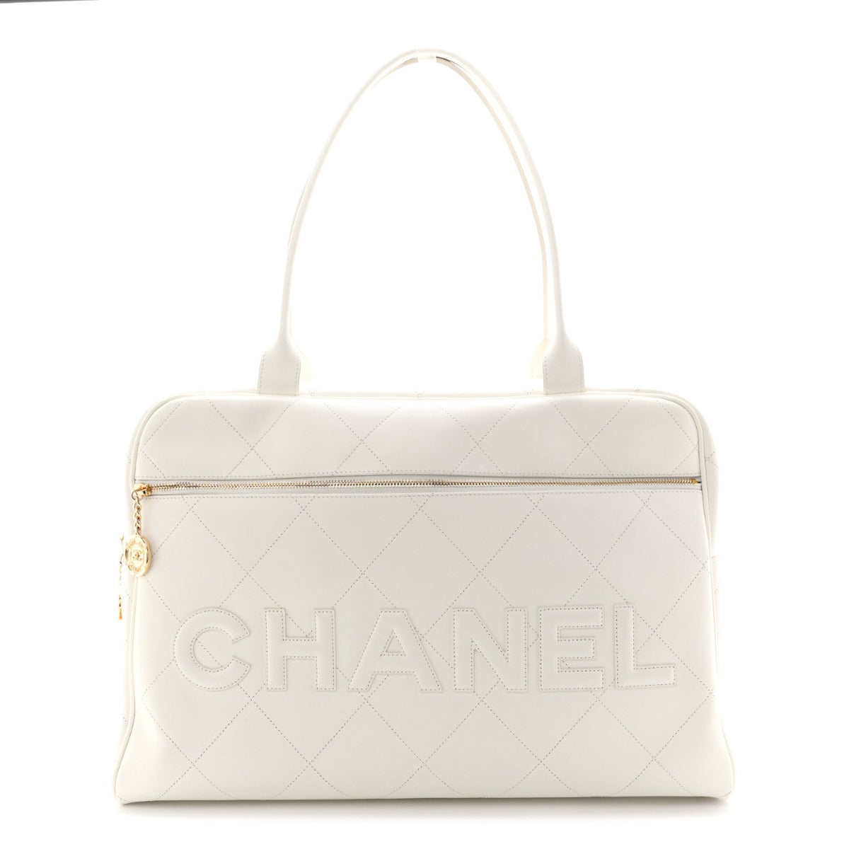 Calfskin Stitched Maxi Logo Bowling Bag White