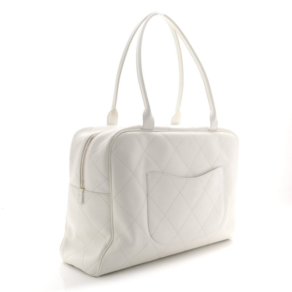 Calfskin Stitched Maxi Logo Bowling Bag White
