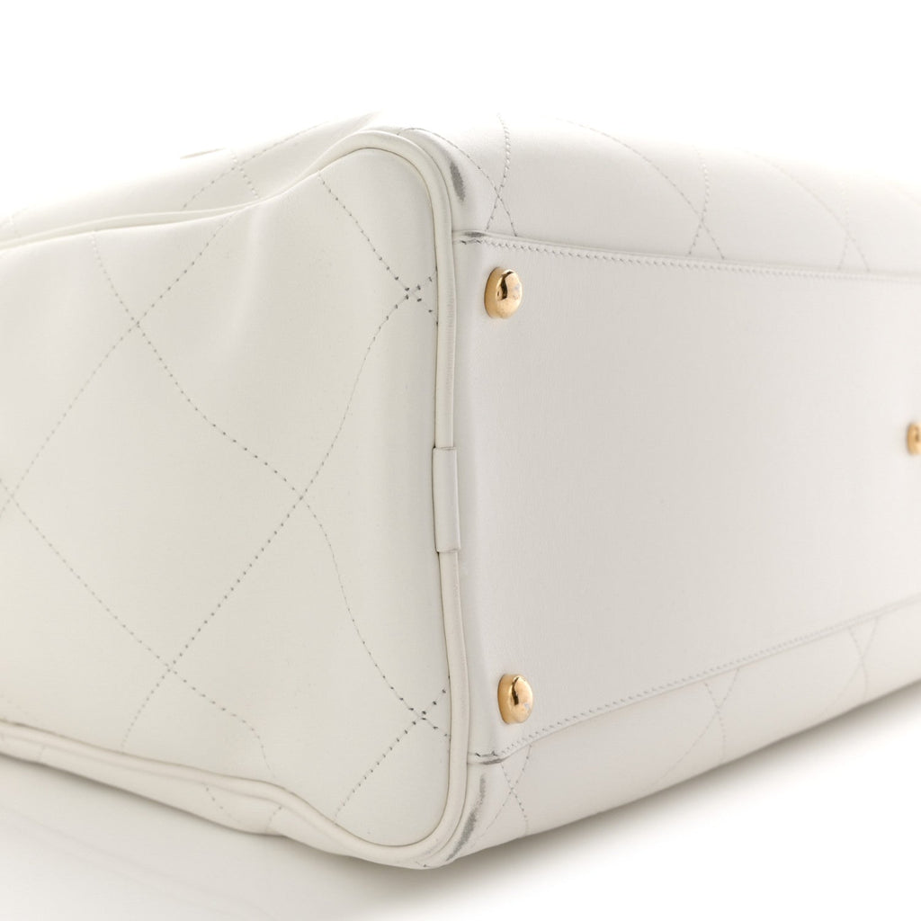 Calfskin Stitched Maxi Logo Bowling Bag White