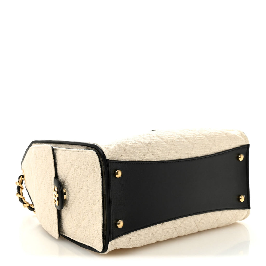 Canvas Calfskin Quilted Small Chanel 25 Handbag Ecru Black