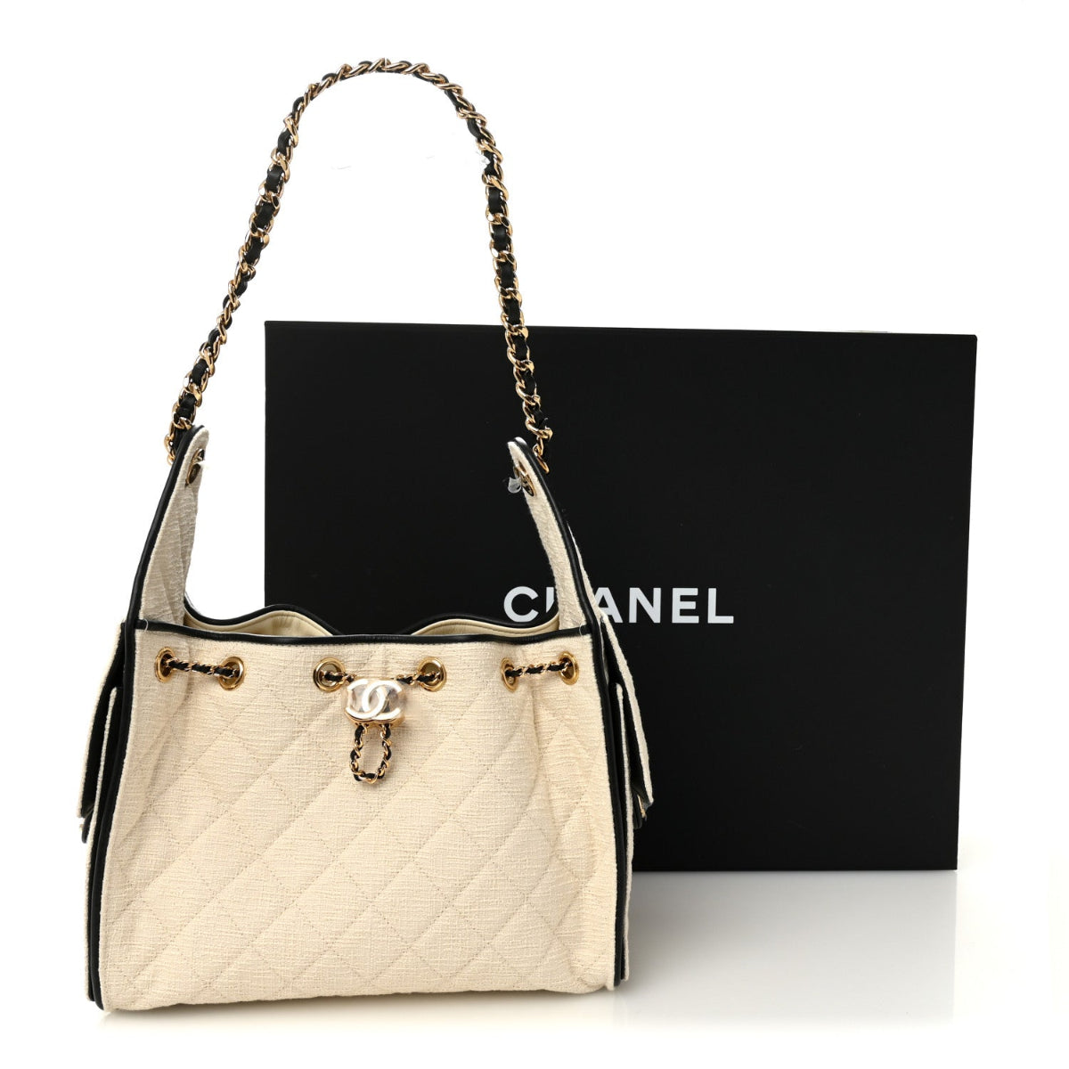 Canvas Calfskin Quilted Small Chanel 25 Handbag Ecru Black