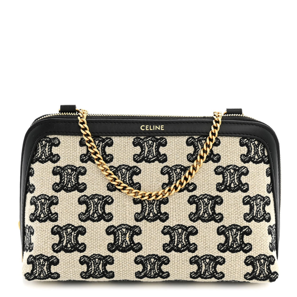 Canvas Calfskin Triomphe Embroidered Clutch On Chain Black