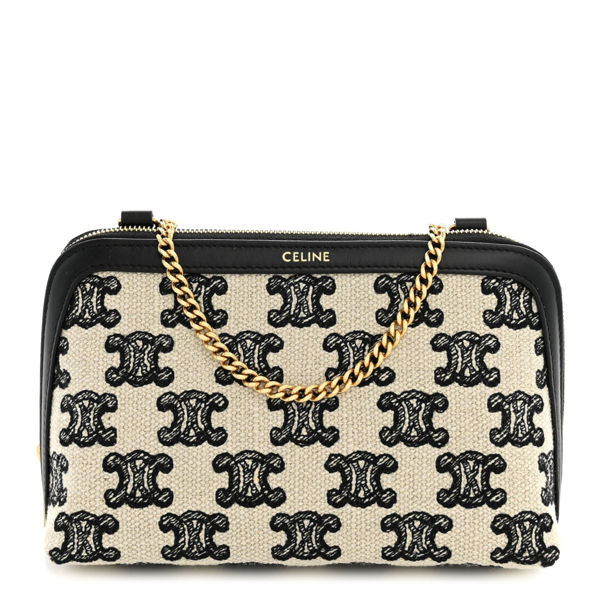 Canvas Calfskin Triomphe Embroidered Clutch On Chain Black