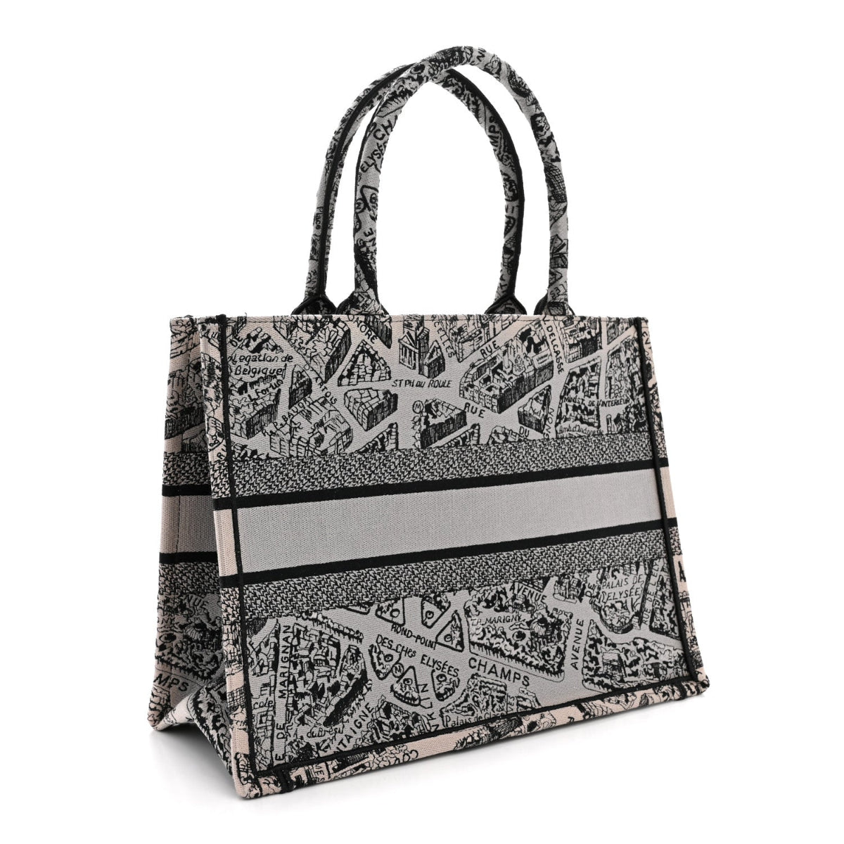 Canvas Embroidered Medium Plan De Paris Book Tote Grey Black