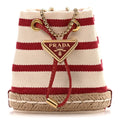 Canvas Stripe Metal Triangle Logo Mini Drawcord Pouch Shoulder Bag Avorio Rosso