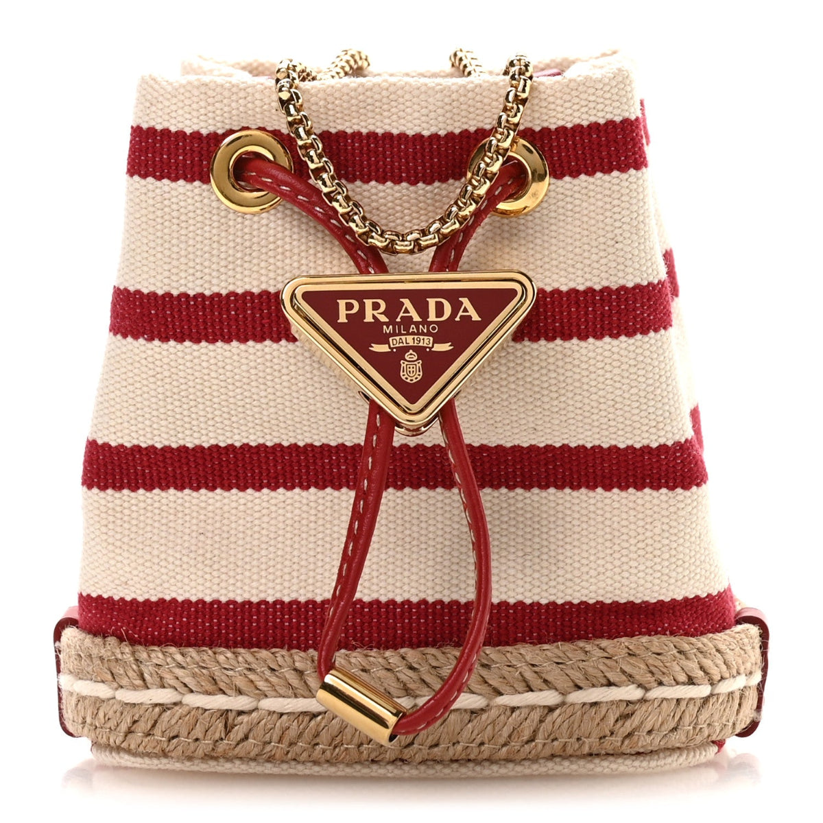 Canvas Stripe Metal Triangle Logo Mini Drawcord Pouch Shoulder Bag Avorio Rosso