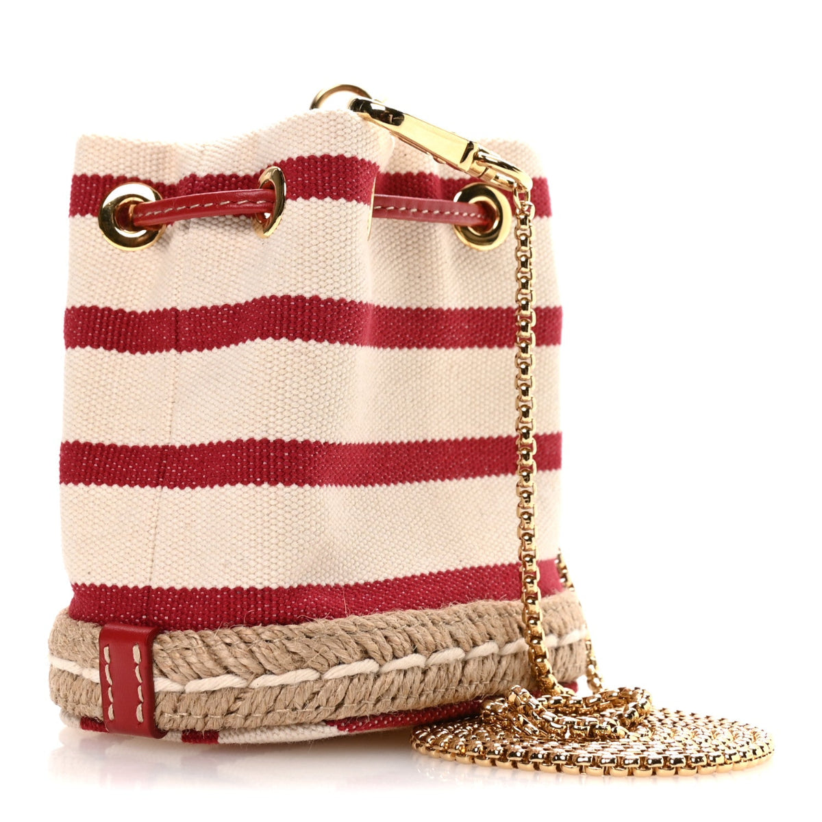 Canvas Stripe Metal Triangle Logo Mini Drawcord Pouch Shoulder Bag Avorio Rosso