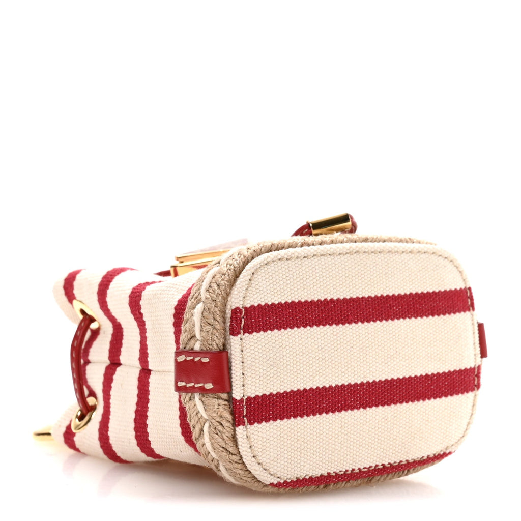 Canvas Stripe Metal Triangle Logo Mini Drawcord Pouch Shoulder Bag Avorio Rosso
