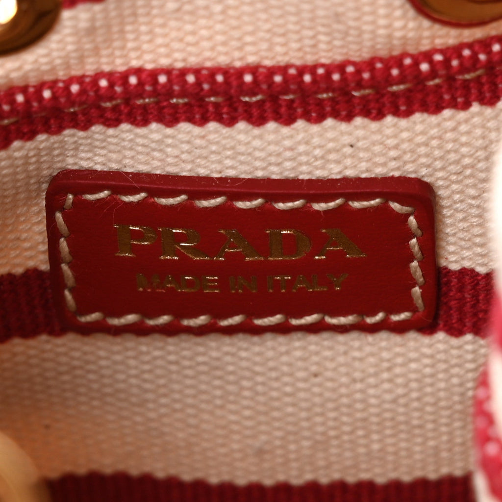 Canvas Stripe Metal Triangle Logo Mini Drawcord Pouch Shoulder Bag Avorio Rosso
