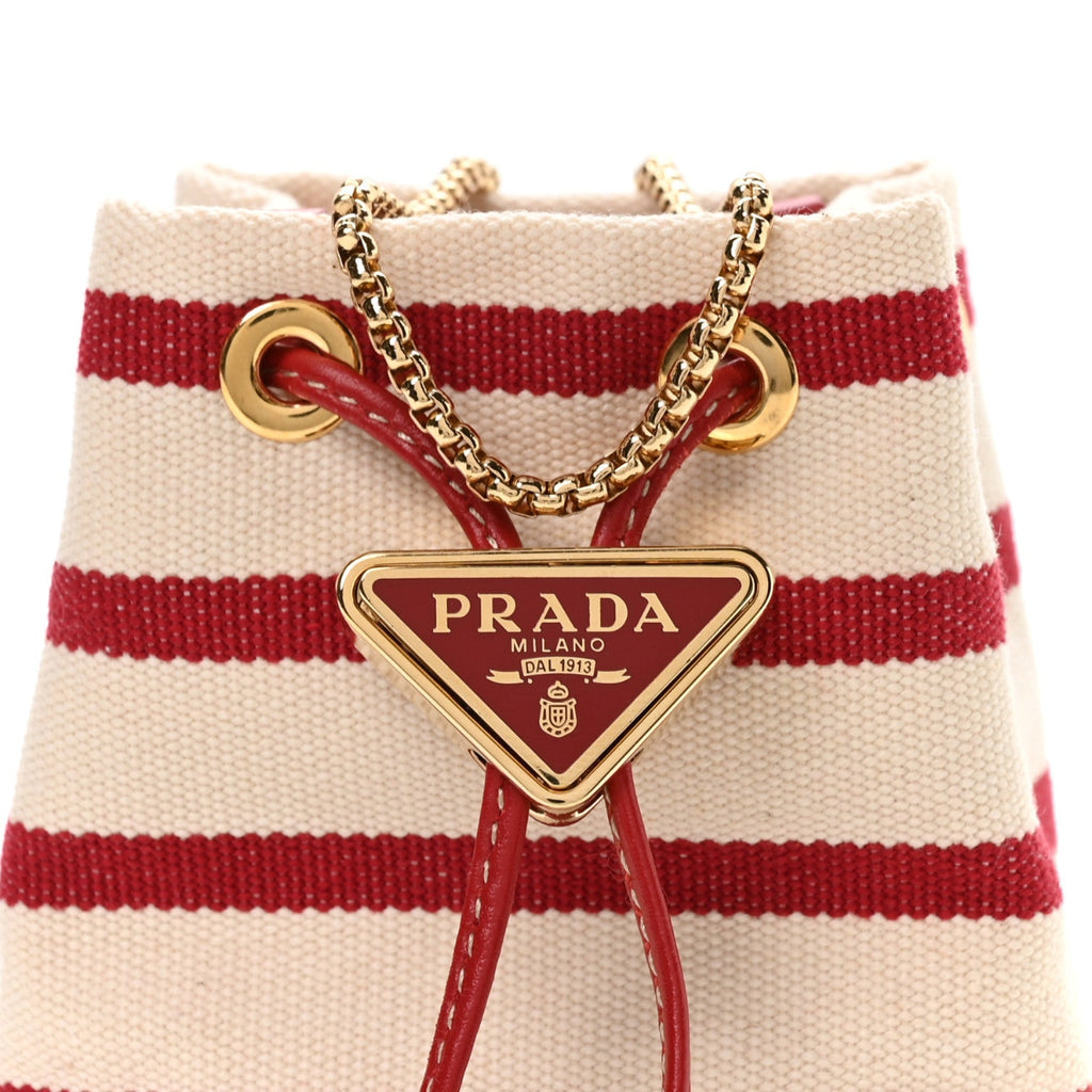 Canvas Stripe Metal Triangle Logo Mini Drawcord Pouch Shoulder Bag Avorio Rosso