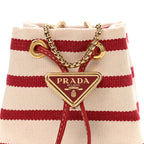 Canvas Stripe Metal Triangle Logo Mini Drawcord Pouch Shoulder Bag Avorio Rosso