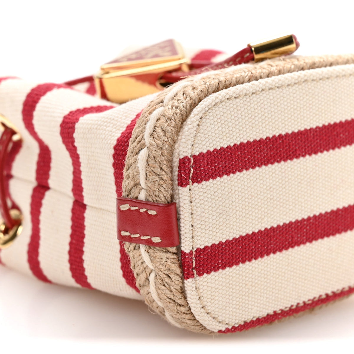 Canvas Stripe Metal Triangle Logo Mini Drawcord Pouch Shoulder Bag Avorio Rosso