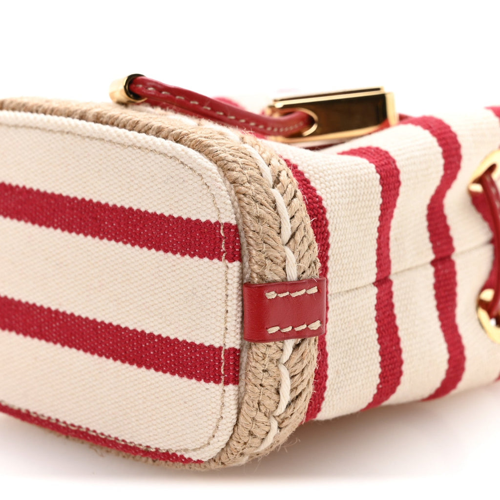 Canvas Stripe Metal Triangle Logo Mini Drawcord Pouch Shoulder Bag Avorio Rosso