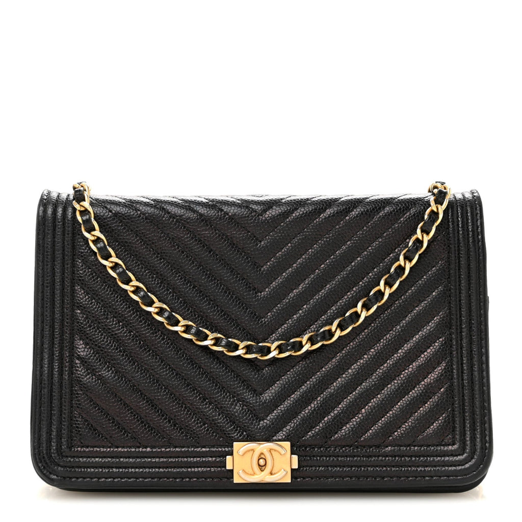 Caviar Chevron Quilted Boy Wallet On Chain WOC Black