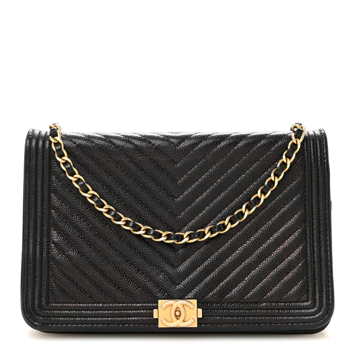 Caviar Chevron Quilted Boy Wallet On Chain WOC Black