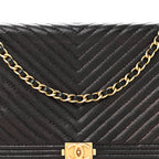 Caviar Chevron Quilted Boy Wallet On Chain WOC Black